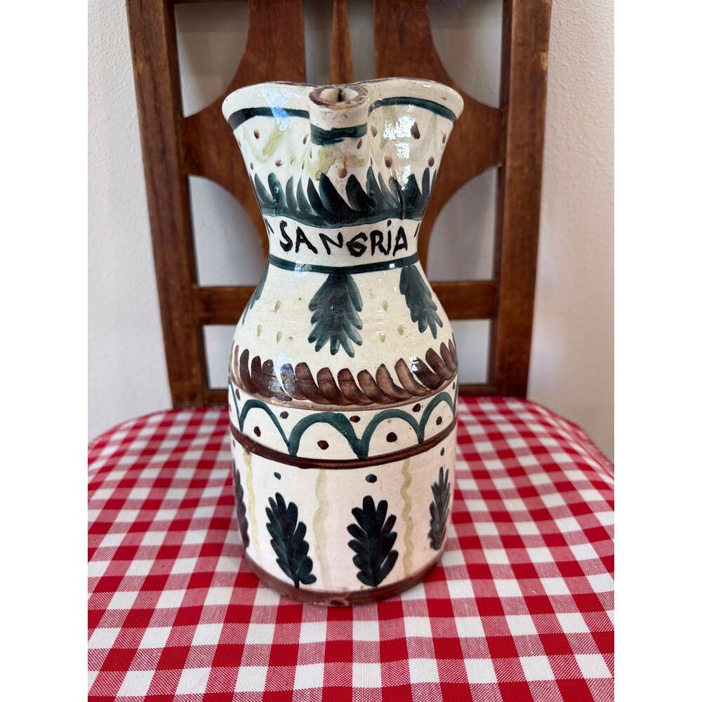 Hand-Painted Ceramic Sangria Pitcher: Spanish Art Pottery, 10" Vintage Decor